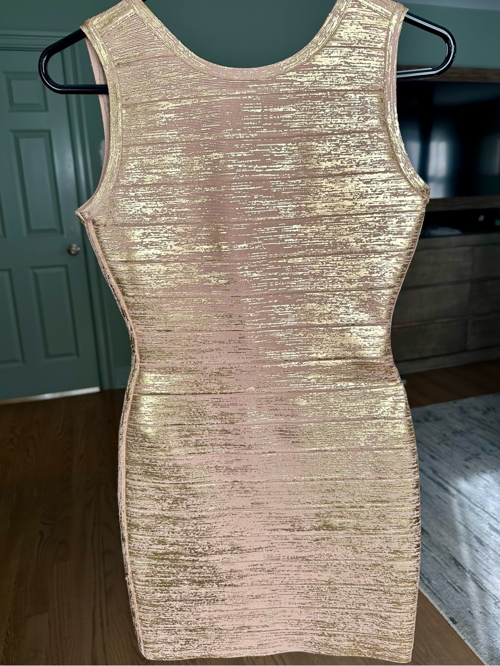 Herve Leger Blush Pink and Gold Metallic Bandage Mini Dress
